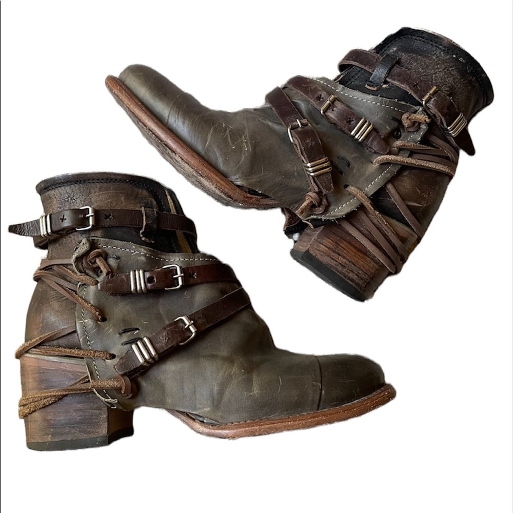 freebird Olive Green and Dark Brown Leather Harness Ankle Boots